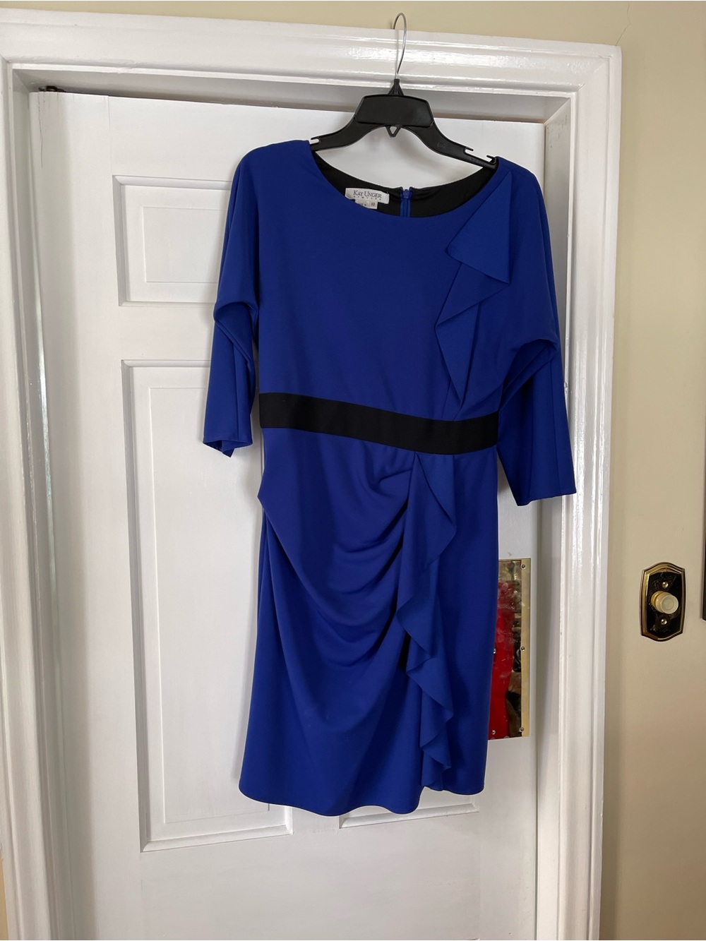 Kay Unger Blue Dress with Black Waistband and Ruffle Detail